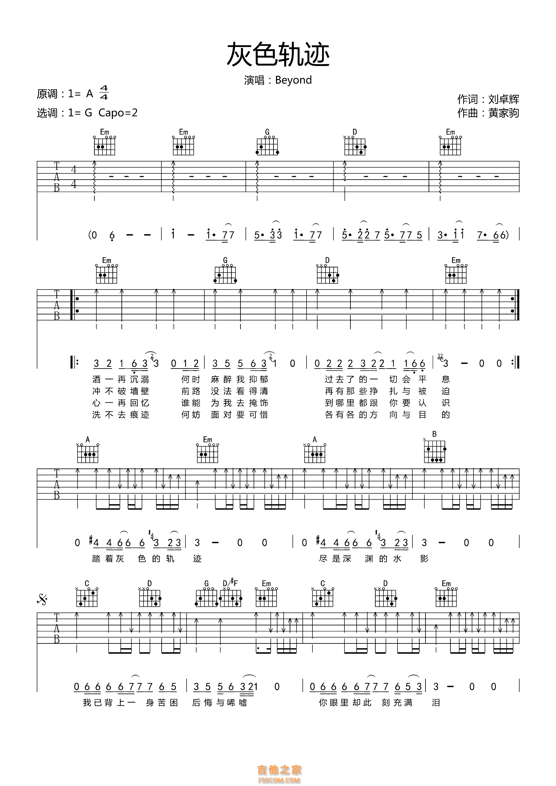 灰色轨迹吉他谱·Beyond《灰色轨迹》吉他谱