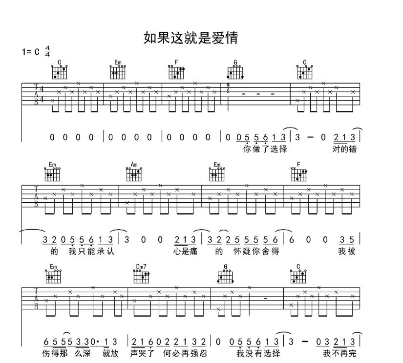 《如果这就是爱情吉他谱》_张靓颖_C调_吉他图片谱4张 图1