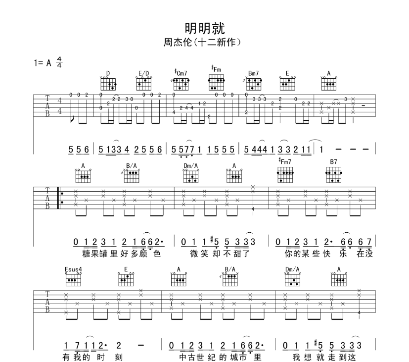 《明明就吉他谱》_周杰伦_A调_吉他图片谱5张 图1