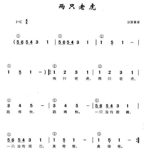 两只老虎的数字简谱谁知道啊？直接发给我啊。