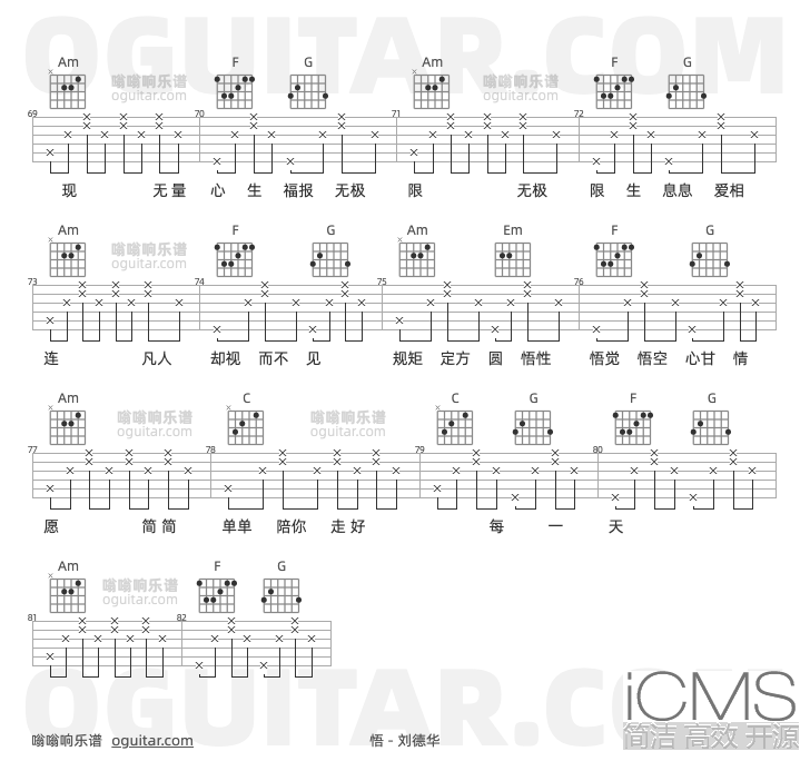 悟吉他谱,刘德华歌曲,C调指弹简谱,4张教学六线谱