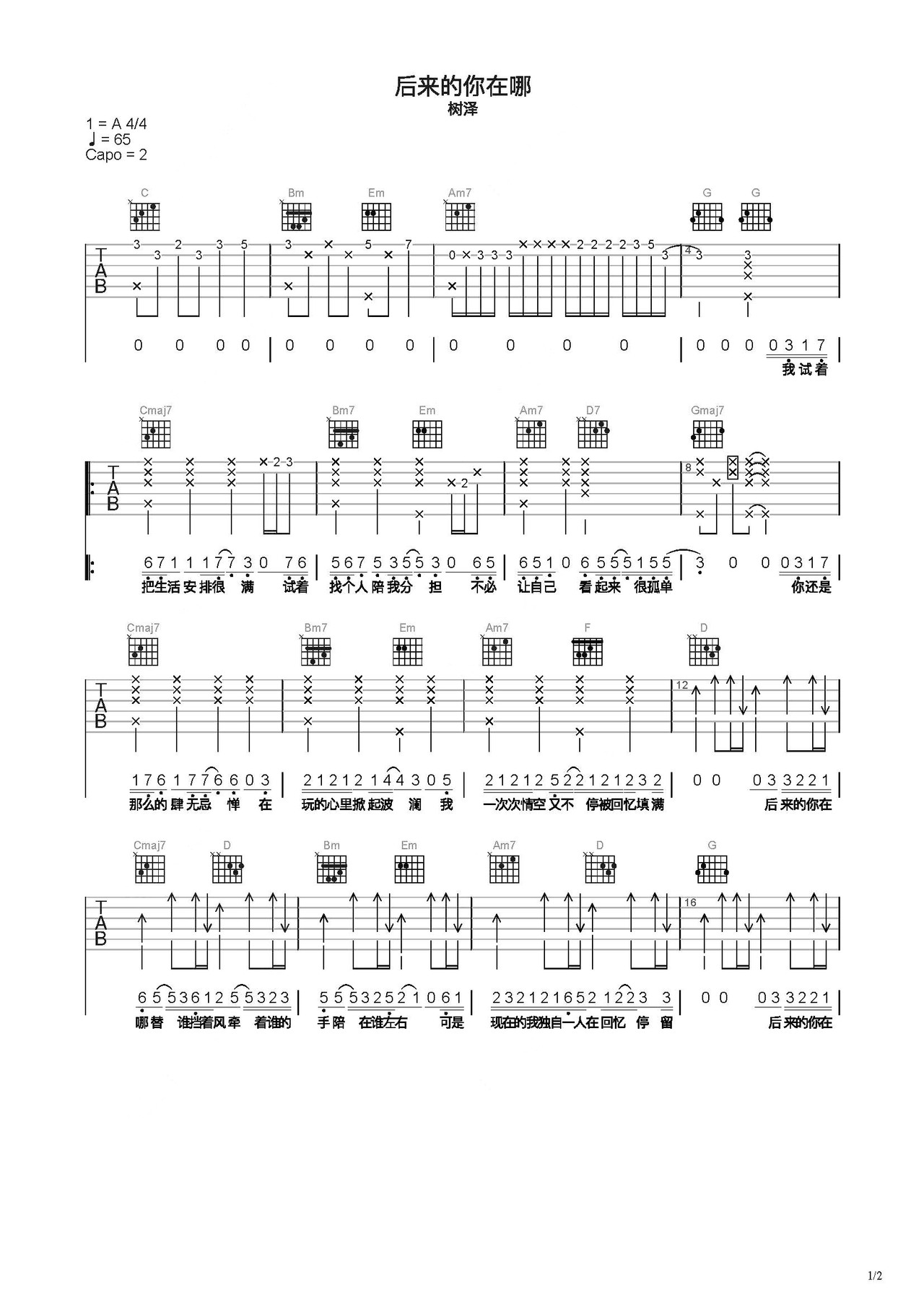 《后来的你在哪》吉他简谱C调弹唱谱树泽