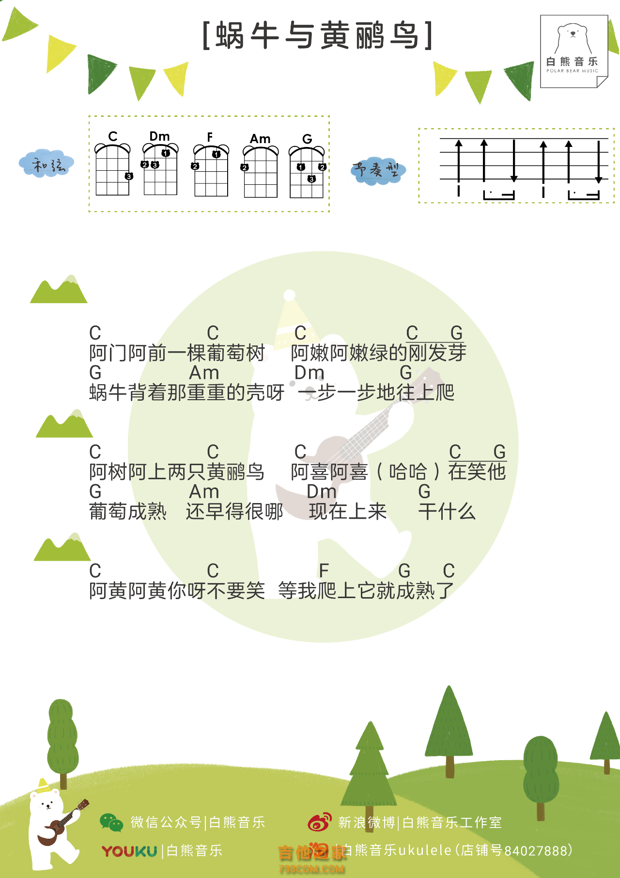 [儿歌]蜗牛与黄鹂鸟尤克里里谱及教学视频  白熊音乐