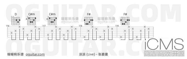 凉凉吉他谱,张碧晨歌曲,G调指弹简谱,6张教学六线谱【Live版】