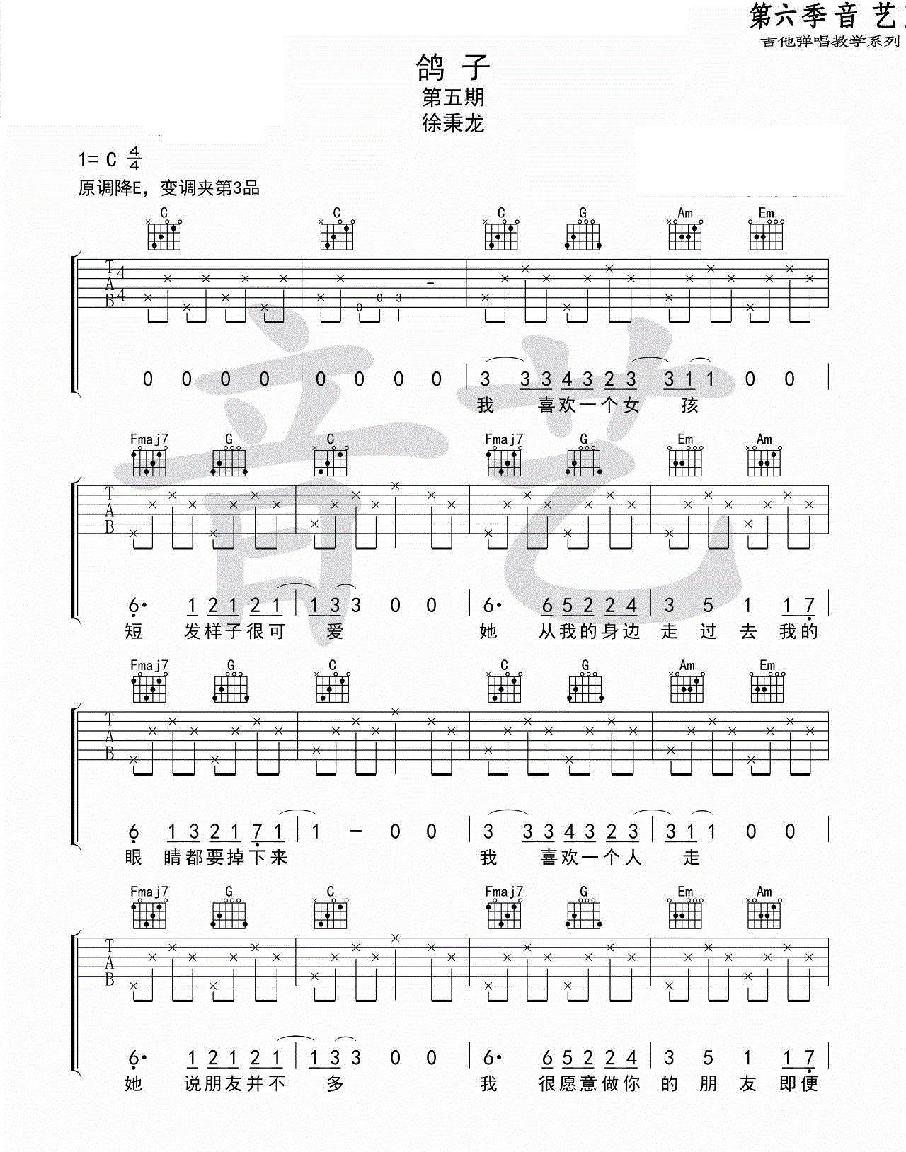 《鸽子吉他谱》_宋冬野_徐秉龙_C调六线谱完整版_C调_吉他图片谱3张 图1