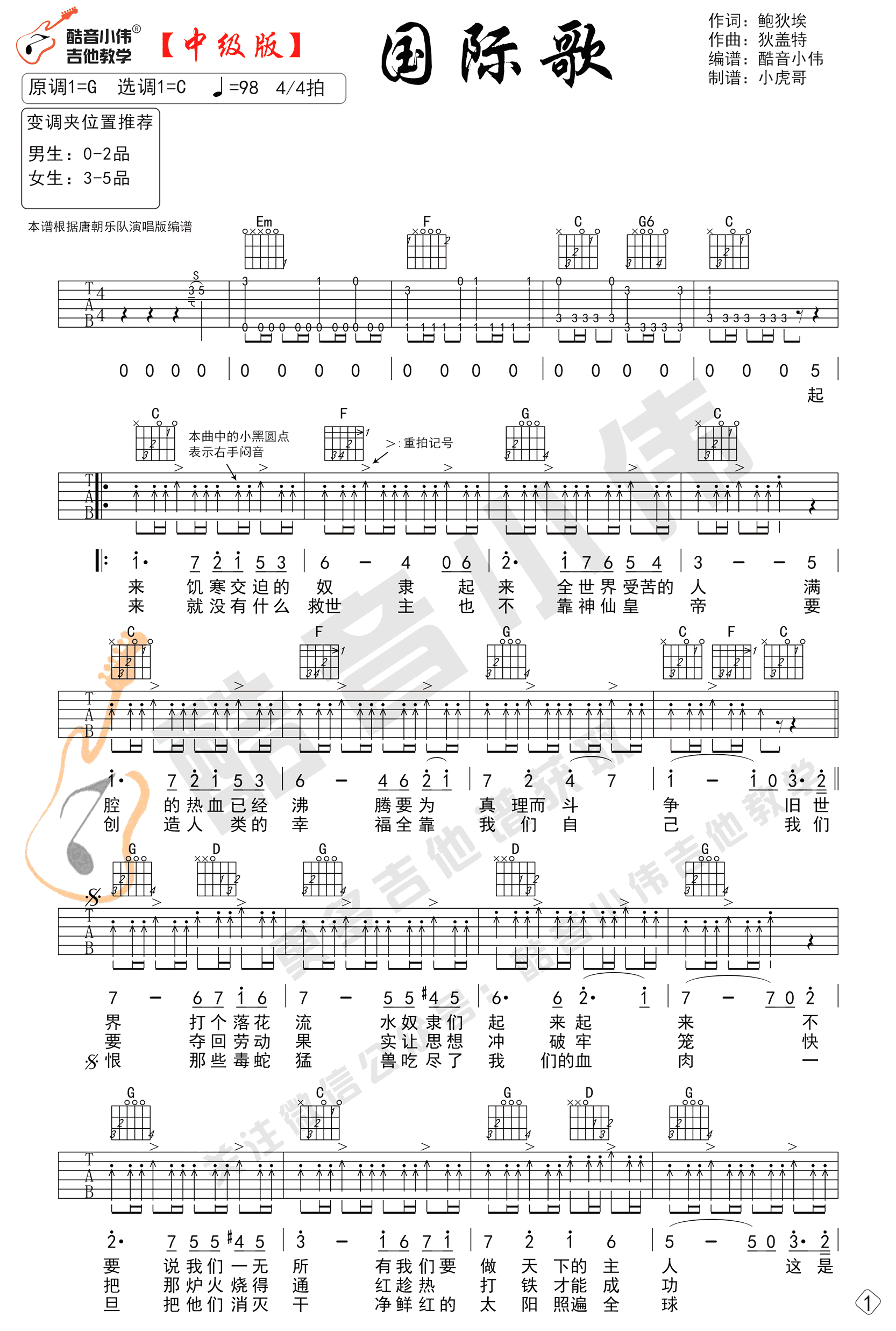 国际歌吉他谱-1