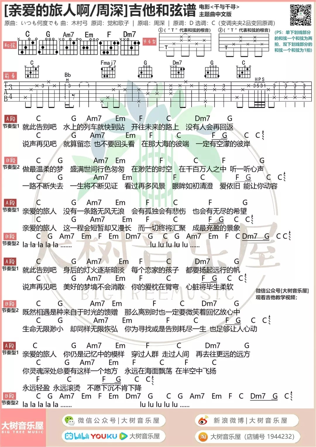 亲爱的旅人啊吉他谱-1