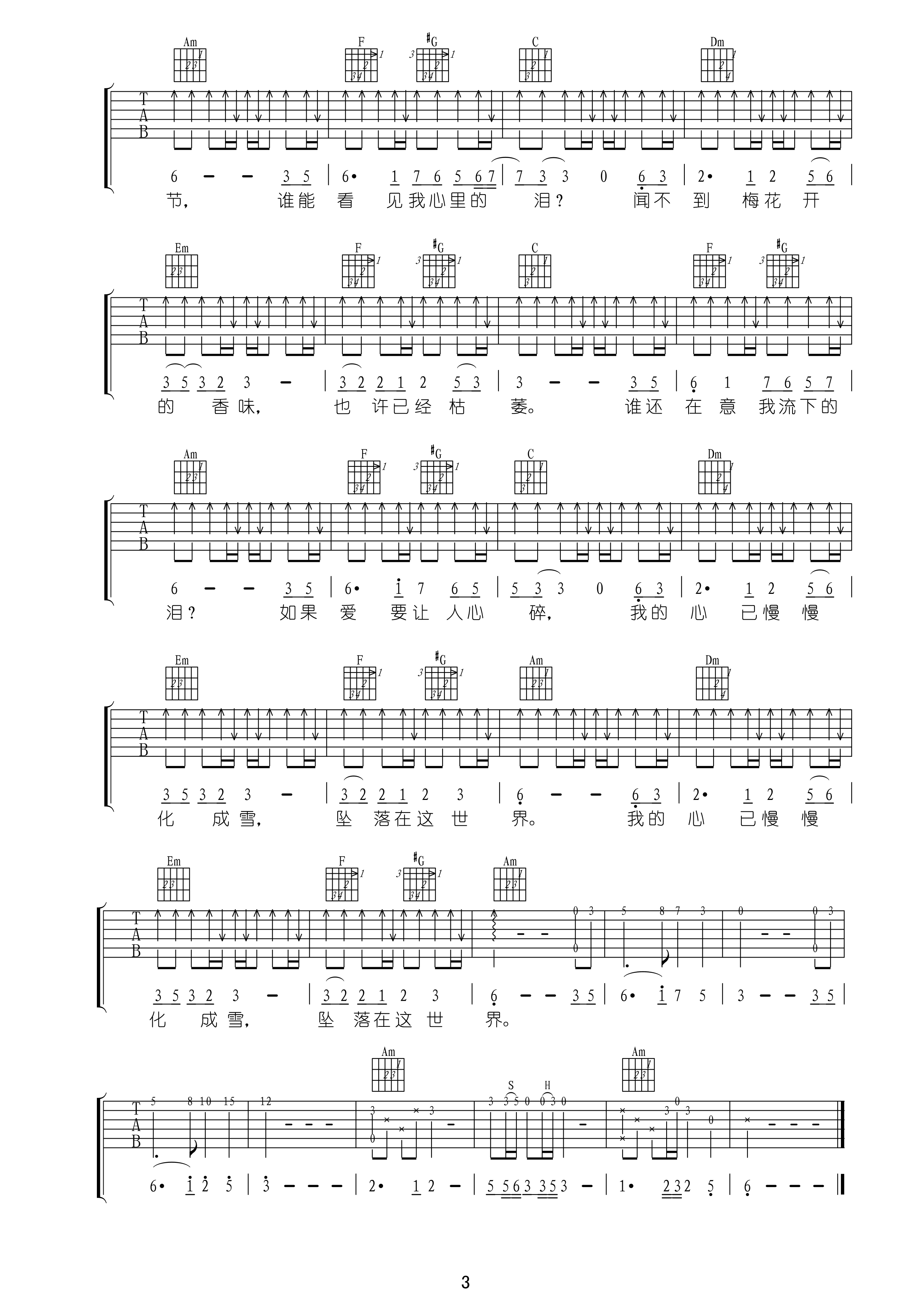 谁在意我流下的泪吉他谱-3