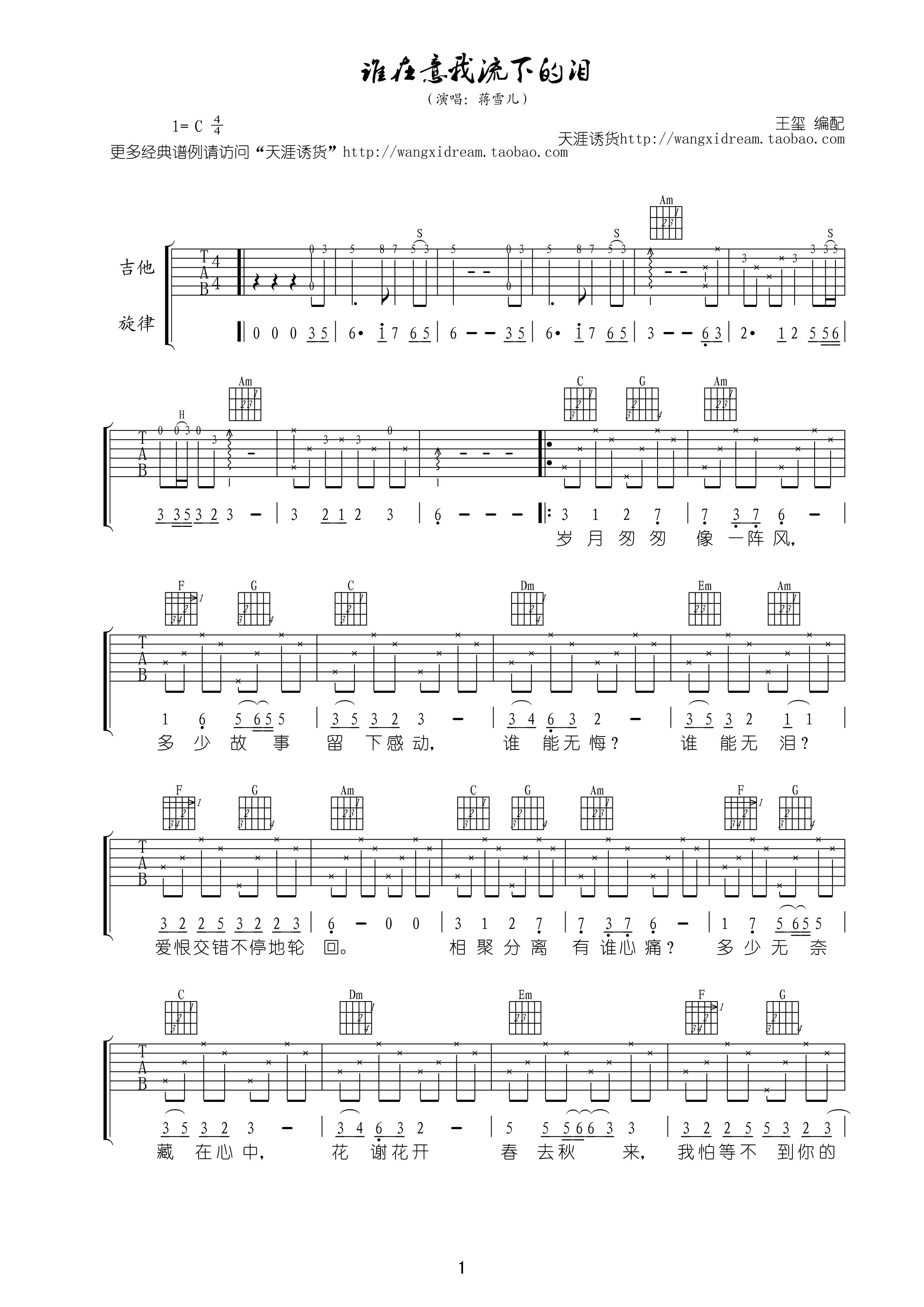谁在意我流下的泪吉他谱-1