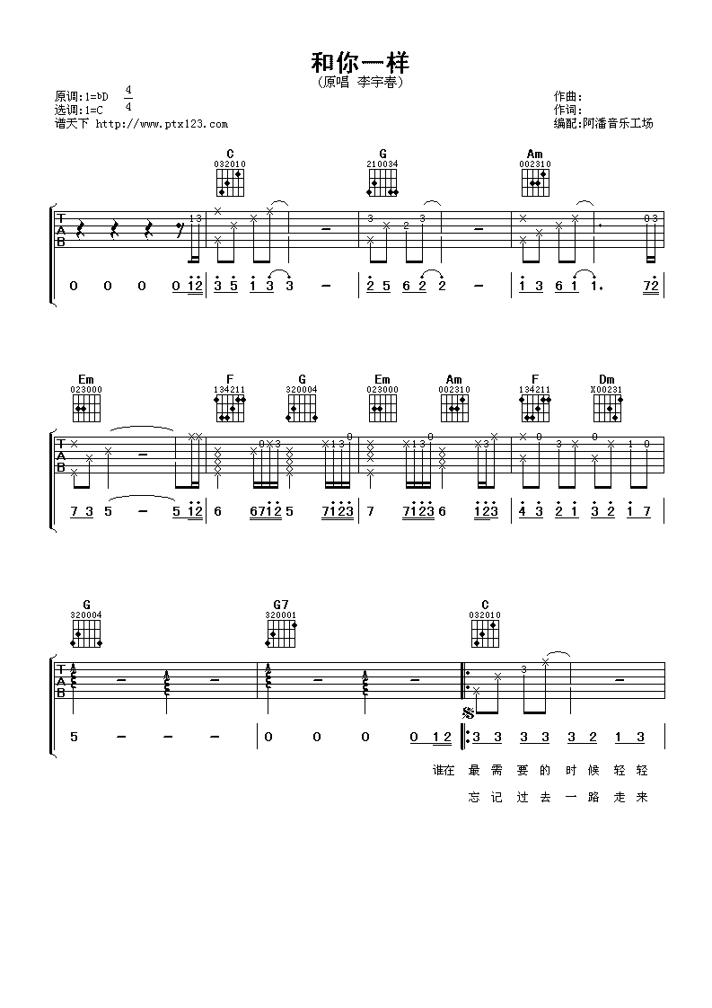 和你一样吉他谱-1